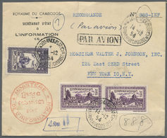 Br Kambodscha: 1954, Registered Airmail-letter (small Tear) Bearing 10 $, 3x 1 $ And 50 C With Imprint - Cambodge