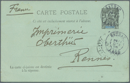 GA Laos: 1905, Used Indochina Postal Stationery Double Card (1892 Issue) From BASSAC, LAOS To Rennes, F - Laos