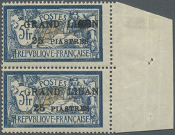 * Libanon: 1924, 25pi. On 5fr. (2mm Spacing), Right Marginal Vertical Pair, Top Stamp Showing "LIABN" - Libano