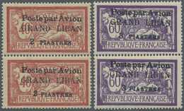 * Libanon: 1924, Airmails, 2pi. On 40c. And 3pi. On 60c., Two Vertical Pairs, Each Top Stamp Showing W - Lebanon