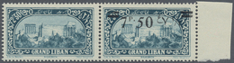 ** Libanon: 1926, 7.50pi. On 2.50pi. Greenish Blue, Horiz. Pair, Left Stamp Without Overprint (albino P - Lebanon