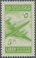 ** Libanon: 1952, Post Airplane 5pia. Yellow-green PERFORATED And Printed On Gum Side, Mint Never Hinge - Lebanon