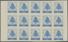 ** Libanon: 1953, Definitive 'CEDAR' 0.50pia. Pale Blue IMPERFORATE Block Of 15 With Margins On Both Ve - Lebanon