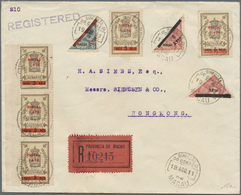 Br Macau: 1911, Three Bisected Stamps "5 Avos" On 10 A And 2x "2 Avos" On 4 A In Addition 5x "1 Avos" O - Other & Unclassified