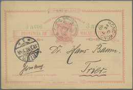 GA Macau - Ganzsachen: 1898, Card 3 Av./20 R. Canc. "MACAU 7-FEB 98" Via "HONG KONG C FE 7 98" To Germa - Entiers Postaux