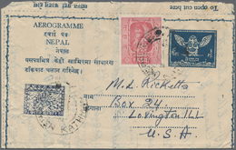 GA Nepal: 1959 First Aerogramme 8p. Blue, Type 4, Used From Kathmandu To Lovington, Ill., USA And Uprat - Népal