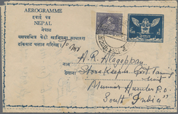 GA Nepal: 1959 First Aerogramme 8p. Blue, Type 4, Used From Kathmandu To South India And Uprated By 195 - Népal