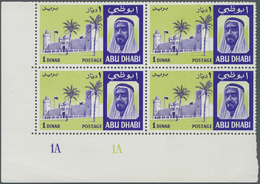 ** Abu Dhabi: 1967, Definitives, 100f. To 1d., Five Top Values Each As Plate Block From The Lower Left - Abu Dhabi