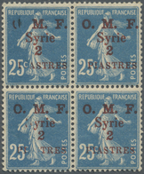 **/* Syrien: 1920, 2pi. On 25c. Blue, Block Of Four, Both Left Stamps Showing Multiple Varieties (apparen - Siria