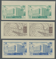 ** Syrien: 1958, GPO Damascus And Telegraph Complete Set Of Three In IMPERFORATE Pairs With Printing On - Siria