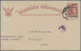 GA Thailand - Ganzsachen: 1943 Postal Stationery Reply Card 5s. Red Overprinted "3 Satang" (in Siamese) - Thaïlande