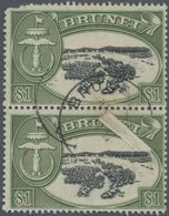 O Brunei: 1952, Water Village $1 Black And Green Vertical Pair With Rectangle Part Of PRINTING MISSED - Brunei (1984-...)