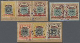 Brfst Brunei: 1906, Labuan Stamps With Red Opt. 'BRUNEI' Eight Stamps On Three Pieces Incl. 4c., 10c. + 25 - Brunei (1984-...)
