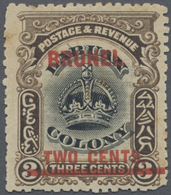 * Brunei: 1906, Labuan Stamp 2c. On 3c. Black And Sepia With Red Opt. 'BRUNEI' With Variety 'line Thro - Brunei (1984-...)