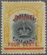 * Brunei: 1906, Labuan Stamp 4c. On 12c. Black And Yellow With Red Opt. 'BRUNEI' With Variety 'line Th - Brunei (1984-...)