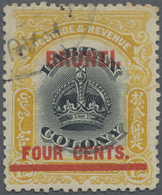 O Brunei: 1906, Labuan Stamp 4c. On 12c. Black And Yellow With Red Opt. 'BRUNEI' With Variety 'line Th - Brunei (1984-...)