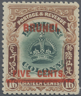 * Brunei: 1906, Labuan Stamp 5c. On 16c. Green And Brown With Red Opt. 'BRUNEI' With Variety 'line Thr - Brunei (1984-...)