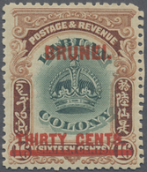 * Brunei: 1906, Labuan Stamp 30c. On 16c. Green And Brown With Red Opt. 'BRUNEI' With Variety 'line Th - Brunei (1984-...)