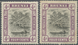 * Brunei: 1907, 'Huts And Canoe' 4c. Grey-black And Mauve Two Stamps With INVERTED Or REVERSED WATERMA - Brunei (1984-...)