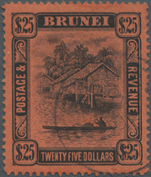 O Brunei: 1910, 'Huts And Canoe' $25 Black On Red Very Fine Used With Light BRUNEI Cds., Rare Stamp! S - Brunei (1984-...)
