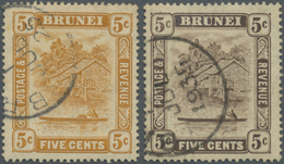 O Brunei: 1924/1933, 'Huts And Canoe' 5c. Orange And 5c. Brown Both With Variety 'RETOUCHED 5c', Very - Brunei (1984-...)