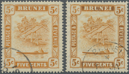 O Brunei: 1947/1950, 'Huts And Canoe' 5c. Orange Two Stamps With Different Perf. Both With Variety 'RE - Brunei (1984-...)