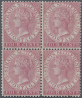 /* Malaiische Staaten - Straits Settlements: 1867-72 QV 4c. Rose, Wmk Crown CC, Block Of Four, Mint Lig - Straits Settlements