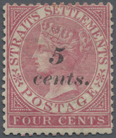 * Malaiische Staaten - Straits Settlements: 1882 5c. On 4c. Rose, Mint Hinged, Toned Orig. Gum, Good, - Straits Settlements