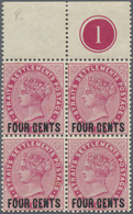 ** Malaiische Staaten - Straits Settlements: 1899, QV 5c. Carmine Surch. 'FOUR CENTS' Block Of Four Wit - Straits Settlements