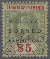 O Malaiische Staaten - Straits Settlements: 1922 Malaya-Borneo Exhibition $5 Green & Red/blue-green, W - Straits Settlements