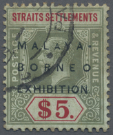 O Malaiische Staaten - Straits Settlements: 1922 Malaya-Borneo Exhibition $5 Green & Red/blue-green, W - Straits Settlements