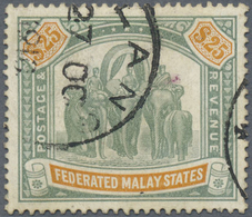 O Malaiischer Staatenbund: 1909, Elephant Definitive $25 Green And Orange With Wmk. Mult. Crown CA Fin - Federated Malay States