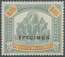 Malaiischer Staatenbund: 1922-34 'Elephants' $25 Green & Orange, Wmk Mult Script CA, Surcharged "SPE - Federated Malay States