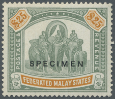 ** Malaiischer Staatenbund: 1922/1930, Definitives "Tigers/Elephants" Mult.Script CA, $25 Green And Ora - Federated Malay States