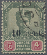 O Malaiische Staaten - Johor: 1903 10c. On 4c. Green & Carmine With "Original Value Uncancelled" And " - Johore