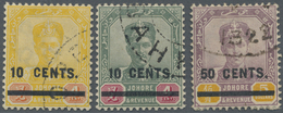 O Malaiische Staaten - Johor: 1904, Sultan Ibrahim Provisionals Set Of Three 10c. On 4c. Yellow/red, 1 - Johore