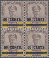 ** Malaiische Staaten - Johor: 1904, Sultan Ibrahim Provisional 50c. On $5 Purple/yellow Block Of Four, - Johore