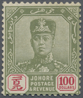 * Malaiische Staaten - Johor: 1922-41 $100 Green & Scarlet, Mounted Mint With Large Part Original Gum, - Johore