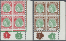 ** Malaiische Staaten - Malakka: 1954/1957, QEII Definitives Complete Set Of 16 In Blocks Of Four Mostl - Malacca