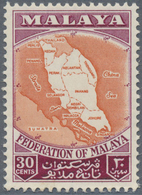 ** Malaiischer Bund: 1957, Map Of The Federation 30c. With Strong OFFSET Of Lake Colour, MNH And Attrac - Federation Of Malaya