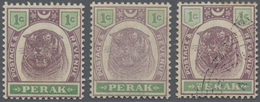 */O Malaiische Staaten - Perak: 1895, Tiger Head 1c. Dull Purple And Green Three Stamps With Variety 'MA - Perak