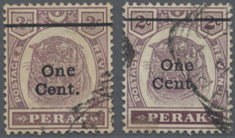 O Malaiische Staaten - Perak: 1900, Tiger Head 2c. Dull Purple And Brown Surch. 'One Cent.' Two Stamps - Perak