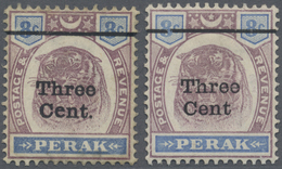 * Malaiische Staaten - Perak: 1900, Tiger Head 8c. Dull Purple And Ultramarine Surch. 'Three Cent' Two - Perak