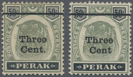 * Malaiische Staaten - Perak: 1900, Tiger Head 50c. Green And Black Surch. 'Three Cent' Two Stamps Wit - Perak