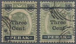 O Malaiische Staaten - Perak: 1900, Tiger Head 50c. Green And Black Surch. 'Three Cent' Two Stamps Wit - Perak