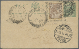 GA Malaiische Staaten - Perak: 1908, 1 C Green Tiger Psc Uprated With F.M.S. 3 C Brown, Tied By Sqared - Perak