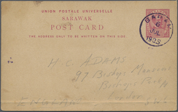 GA Malaiische Staaten - Sarawak: 1905 BARAM: Postal Stationery Card 3c. Carmine Used From Baram To Lond - Andere & Zonder Classificatie