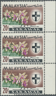 ** Malaiische Staaten - Sarawak: 1965, Orchids 20c. 'Phalaenopsis Violacea' Vertical Strip Of Three Fro - Other & Unclassified