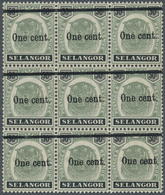 ** Malaiische Staaten - Selangor: 1900, Tiger Head 1c. On 50c. Green And Black Block Of Nine With Varie - Selangor