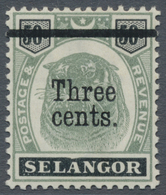 * Malaiische Staaten - Selangor: 1900 3c. On 50c. Green & Black Showing Variety "Dented Frame" (above - Selangor